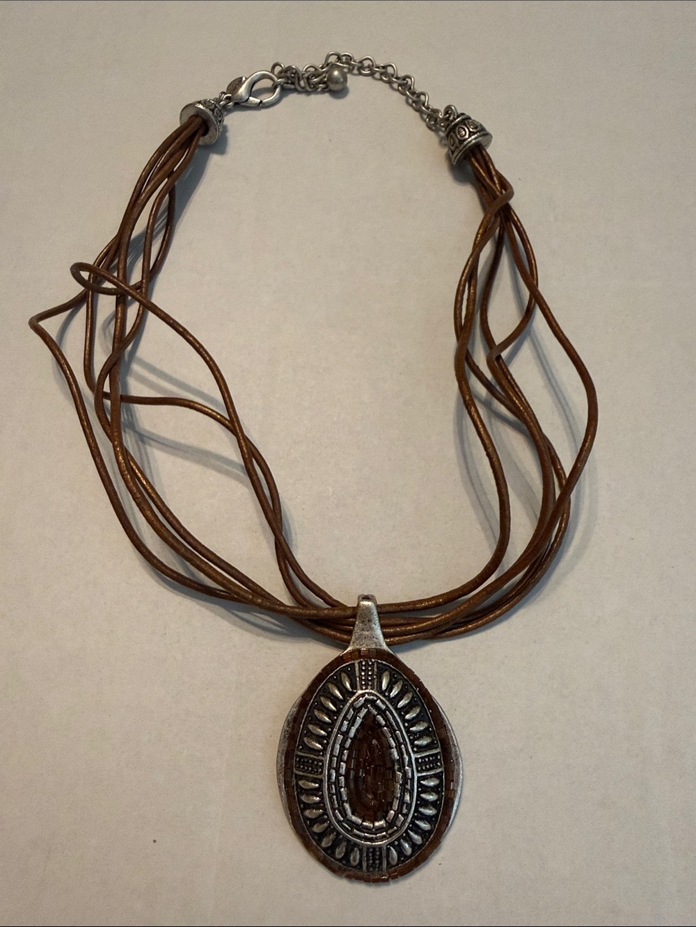 Chico's Brown & Silver Multi-Cord Leather Pendant Necklace
